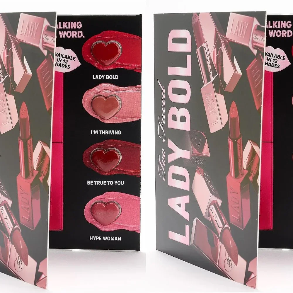 2 x Too Faced Lady Bold Lipstick 4 Samples Smooths Creamy Feather Resistence